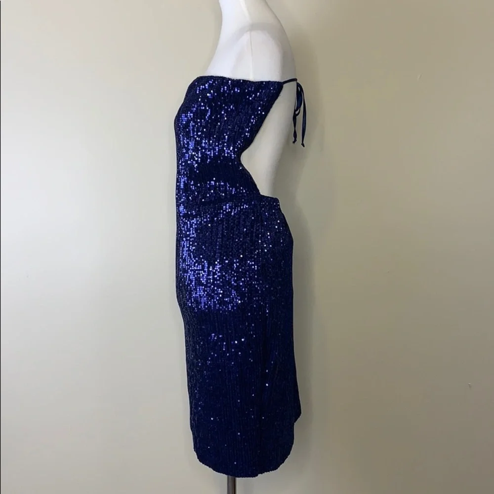 BLITHE Blue Halter Sequins Mini Assymetric Dress - Picture 4 of 8